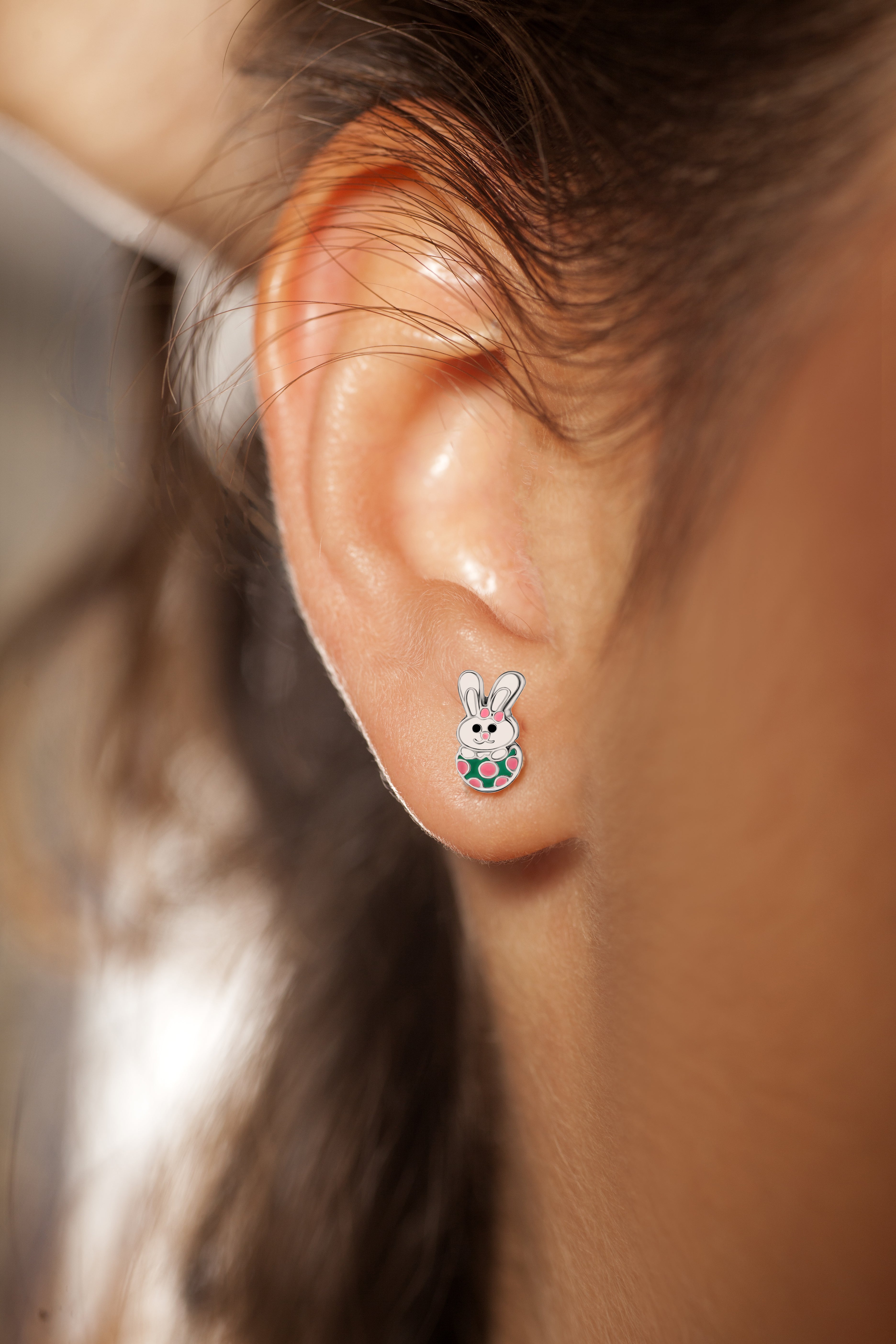 Bunny in Easter Egg Stud Earrings - 925 Sterling Silver