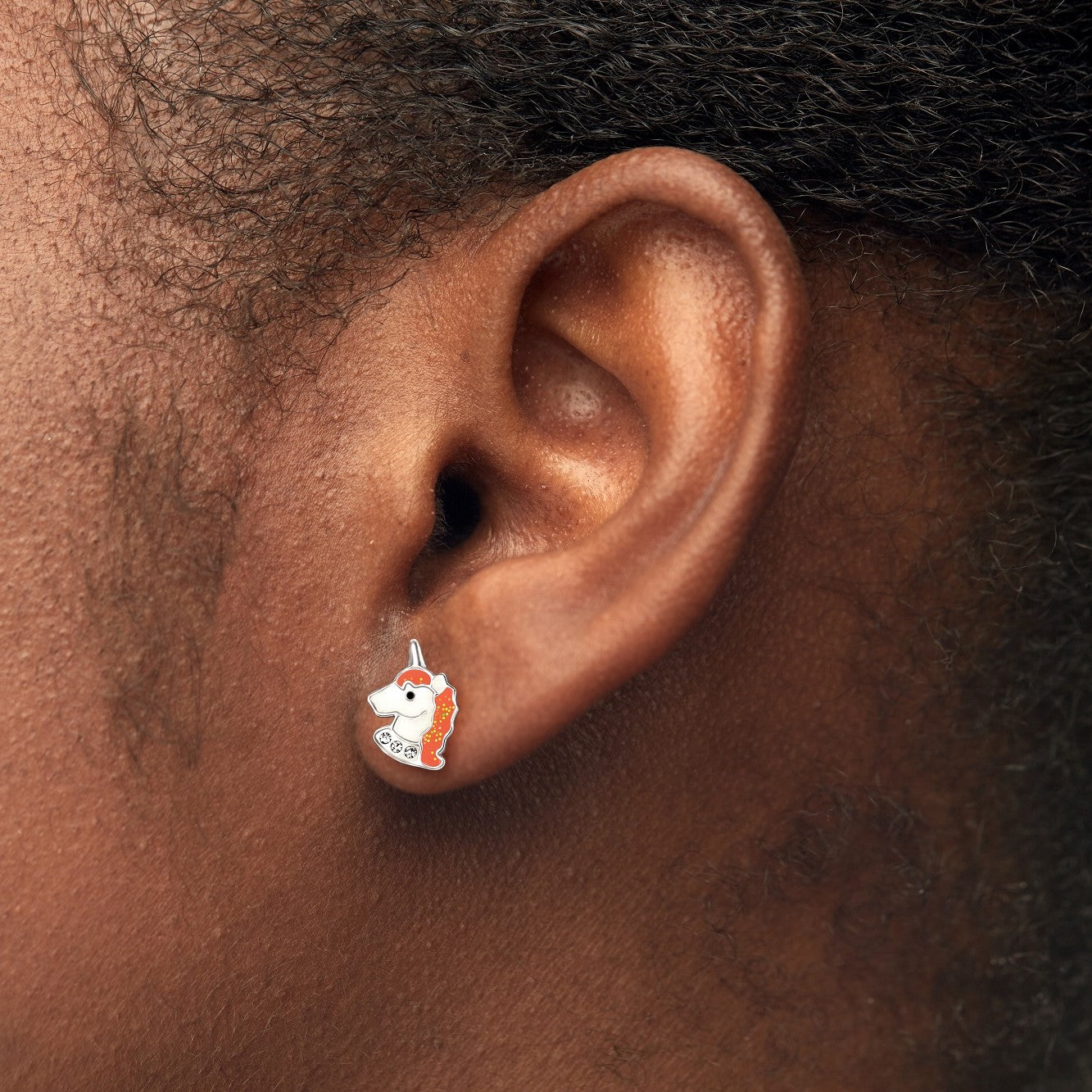 Orange Unicorn Head Stud Earrings - 925 Sterling Silver