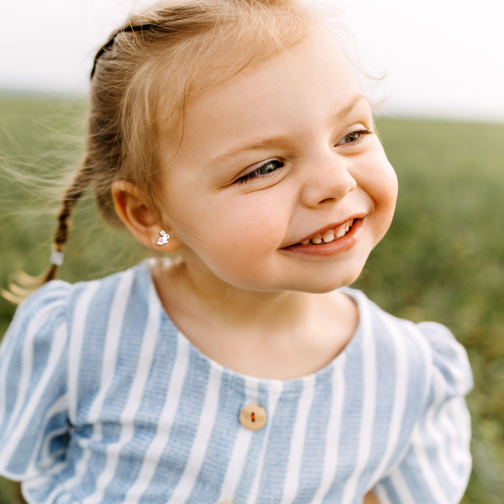 Bunny with a Pink Heart Stud Earrings - 925 Sterling Silver