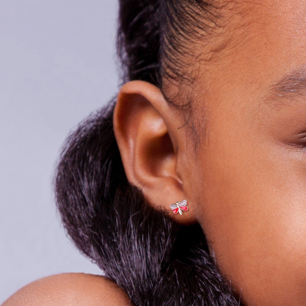 Pink Dragonfly Stud Earrings - 925 Sterling Silver