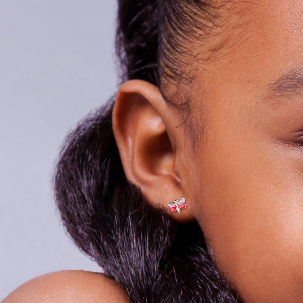 Pink Dragonfly Stud Earrings - 925 Sterling Silver