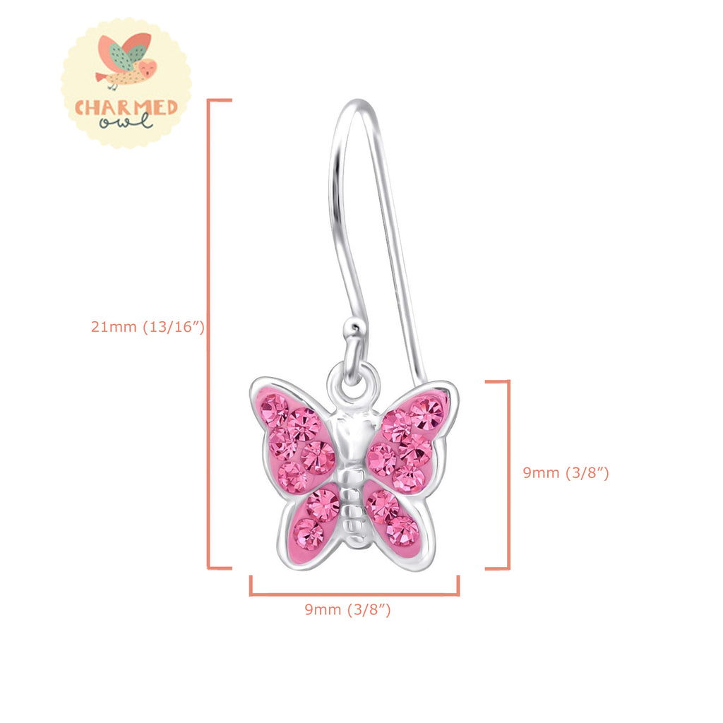 Aqua Crystal Butterfly Children's Dangling Earrings - 925 Sterling Silver