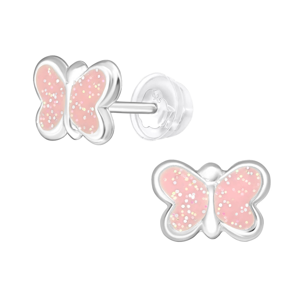Pink Glitter Epoxy Butterfly Children's Stud Earrings - 925 Sterling Silver