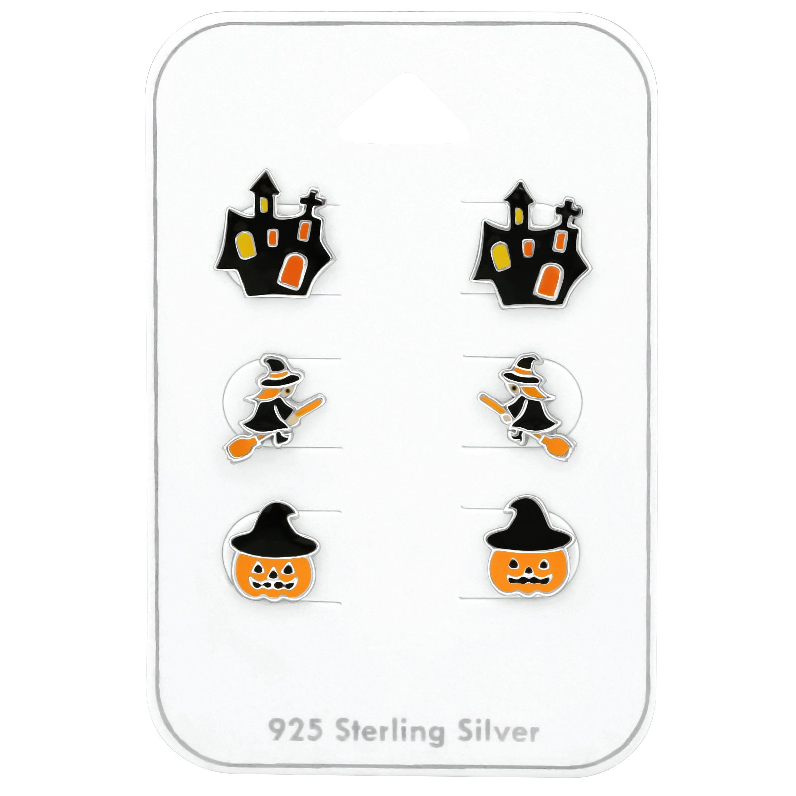 Set of 3 Pairs Haunted House, Witch, and Jack O'Lantern Halloween Stud Earrings - 925 Sterling Silver