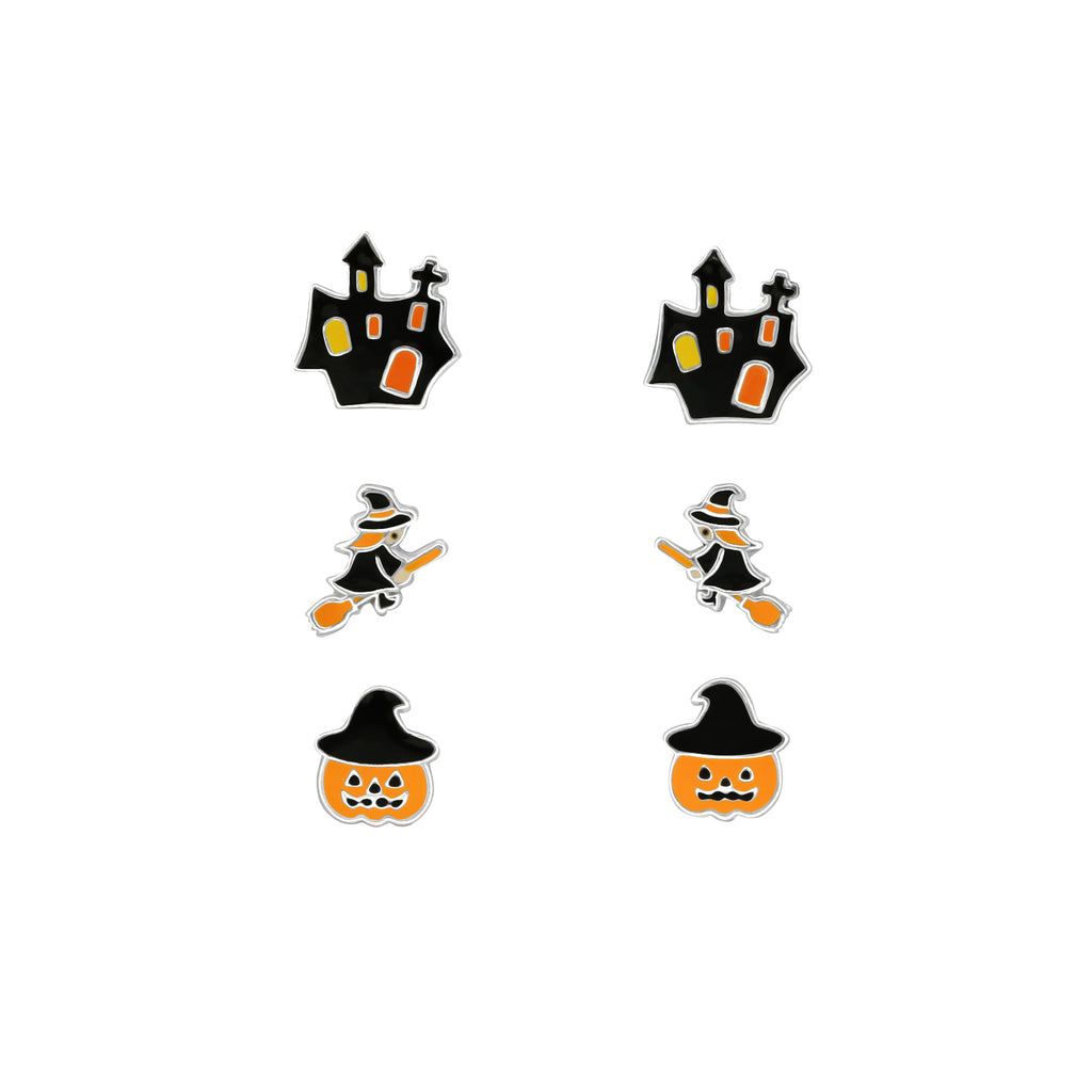 Set of 3 Pairs Haunted House, Witch, and Jack O'Lantern Halloween Stud Earrings - 925 Sterling Silver