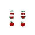 Set of 3 Pairs Cherry, Watermelon, and Apple Fruit Stud Earrings - 925 Sterling Silver