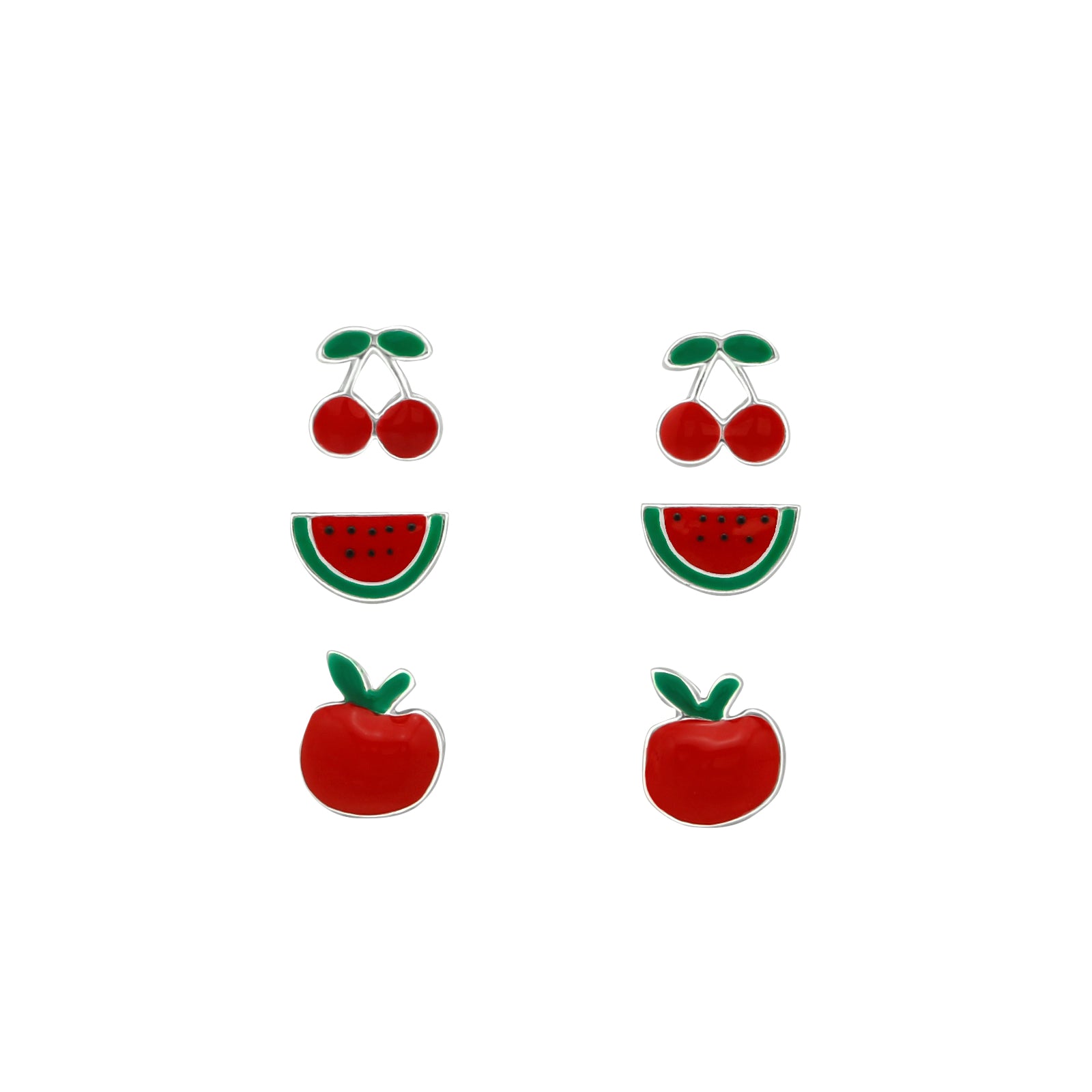 Set of 3 Pairs Cherry, Watermelon, and Apple Fruit Stud Earrings - 925 Sterling Silver
