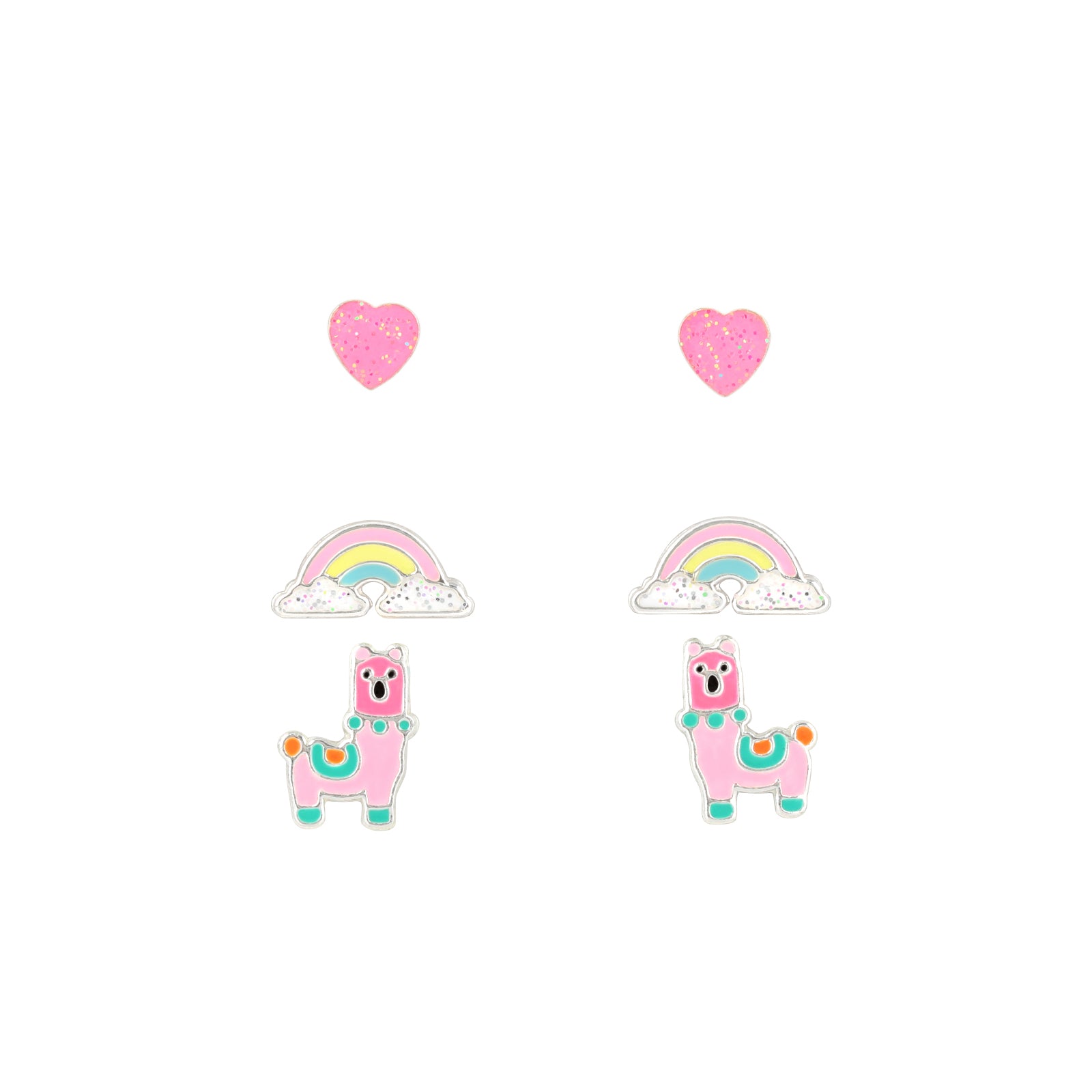 Set of 3 Pairs of Heart, Rainbow, and Llama Stud Earrings - 925 Sterling Silver