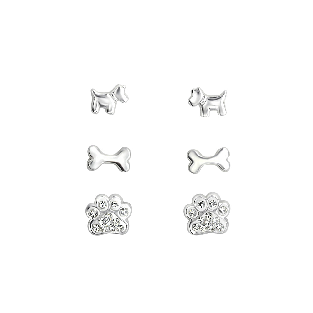 Set of 3 Pairs Dog, Bone, and Paw Stud Earrings - 925 Sterling Silver