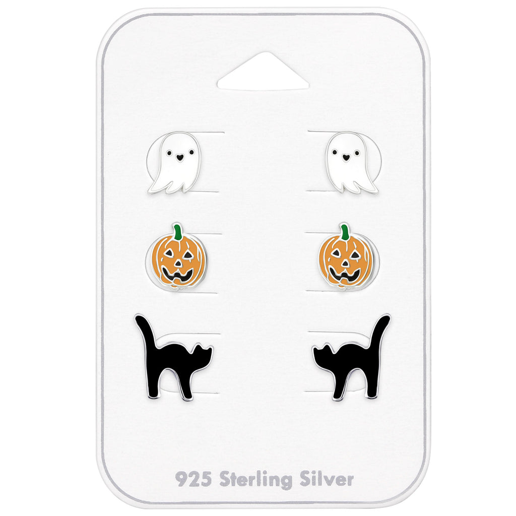 Set of 3 Pairs Ghost, Jack O'Lantern, and Black Cat Halloween Stud Earrings - 925 Sterling Silver