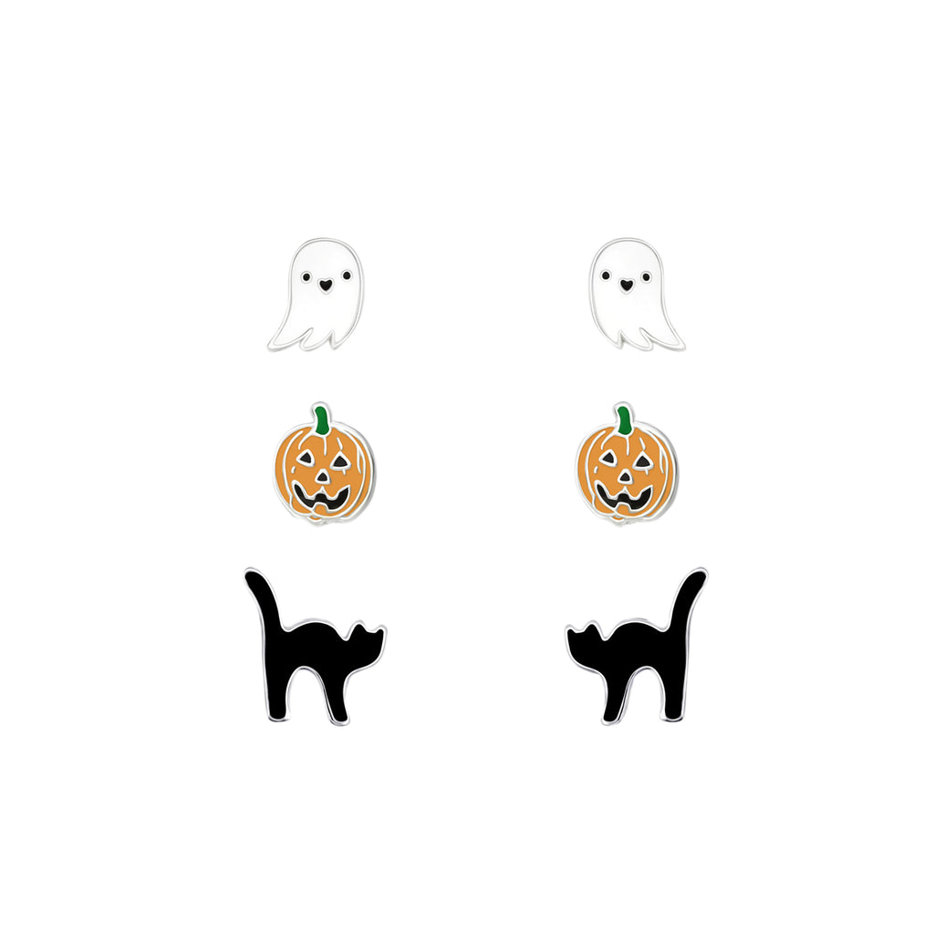 Set of 3 Pairs Ghost, Jack O'Lantern, and Black Cat Halloween Stud Earrings - 925 Sterling Silver
