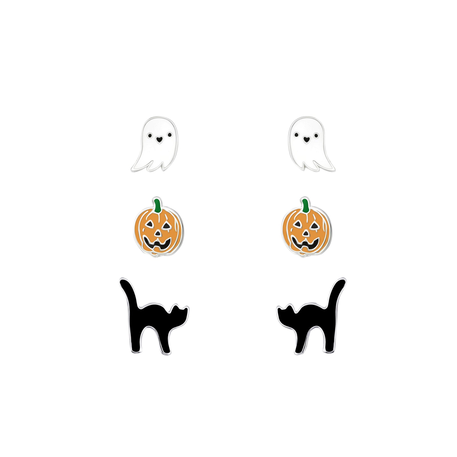 Set of 3 Pairs Ghost, Jack O'Lantern, and Black Cat Halloween Stud Earrings - 925 Sterling Silver