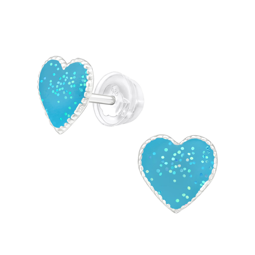 Blue Glitter Heart Stud Earrings - 925 Sterling Silver