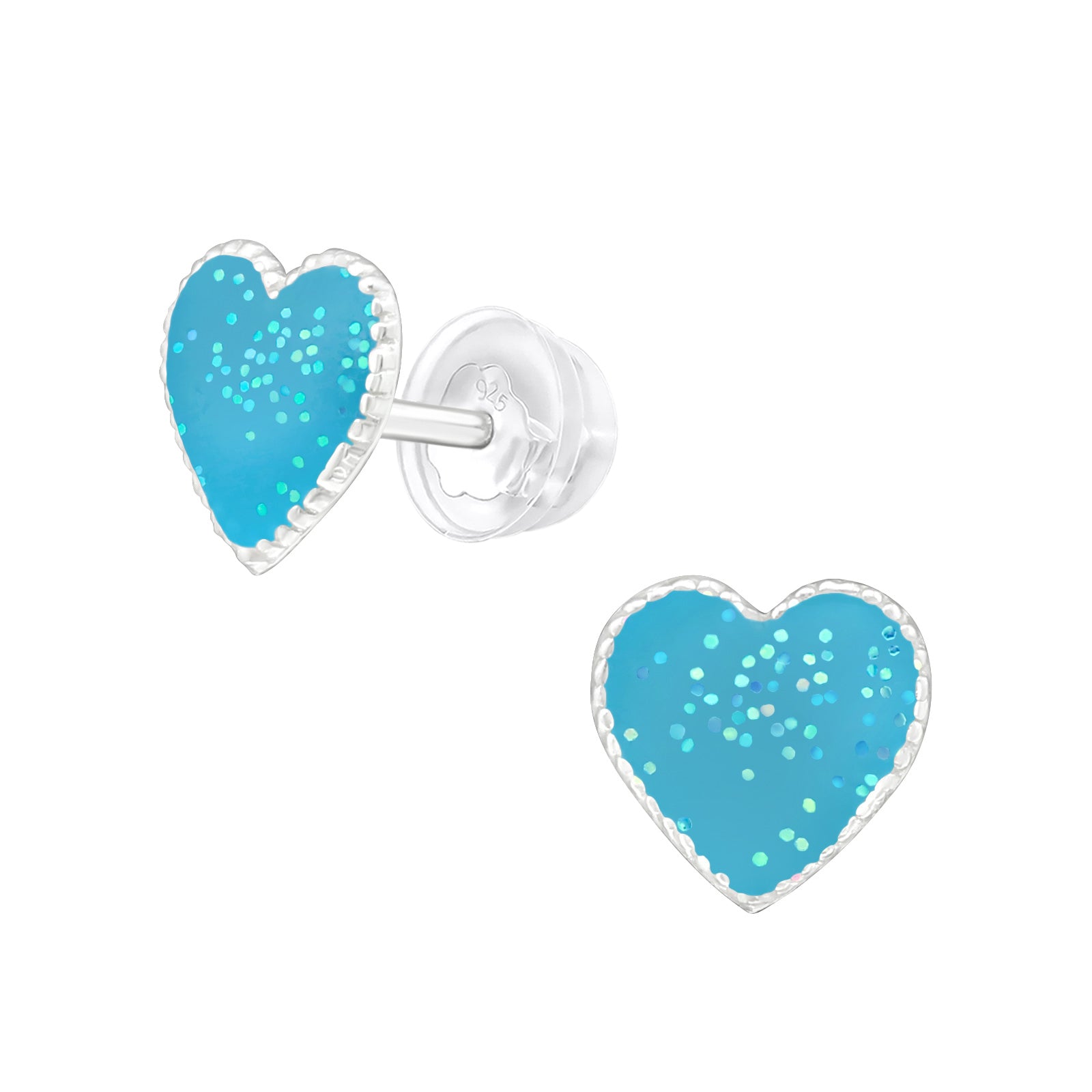 Blue Glitter Heart Stud Earrings - 925 Sterling Silver