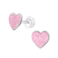 Pink Glitter Heart Stud Earrings - 925 Sterling Silver