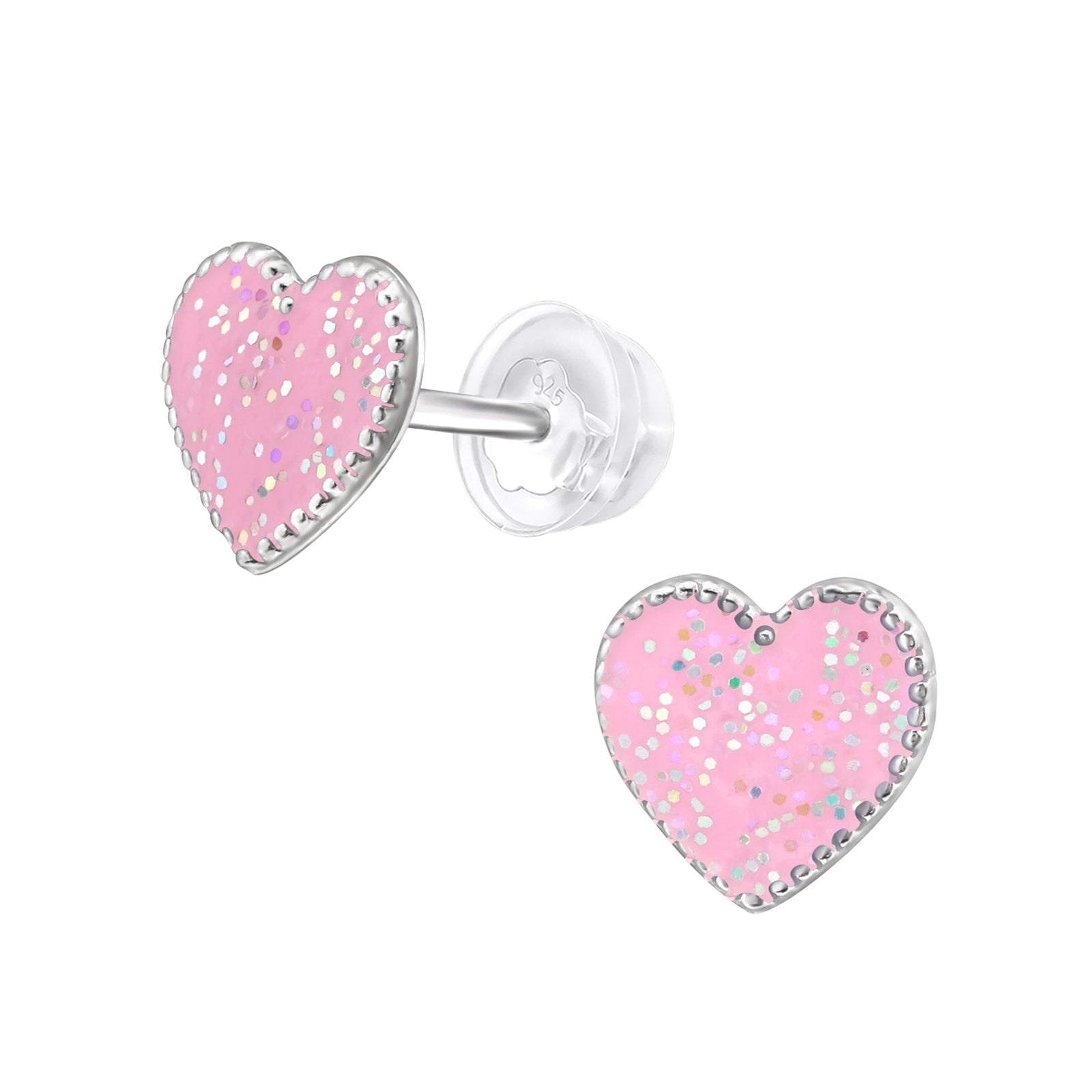 Pink Glitter Heart Stud Earrings - 925 Sterling Silver