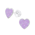 Purple Glitter Heart Stud Earrings - 925 Sterling Silver