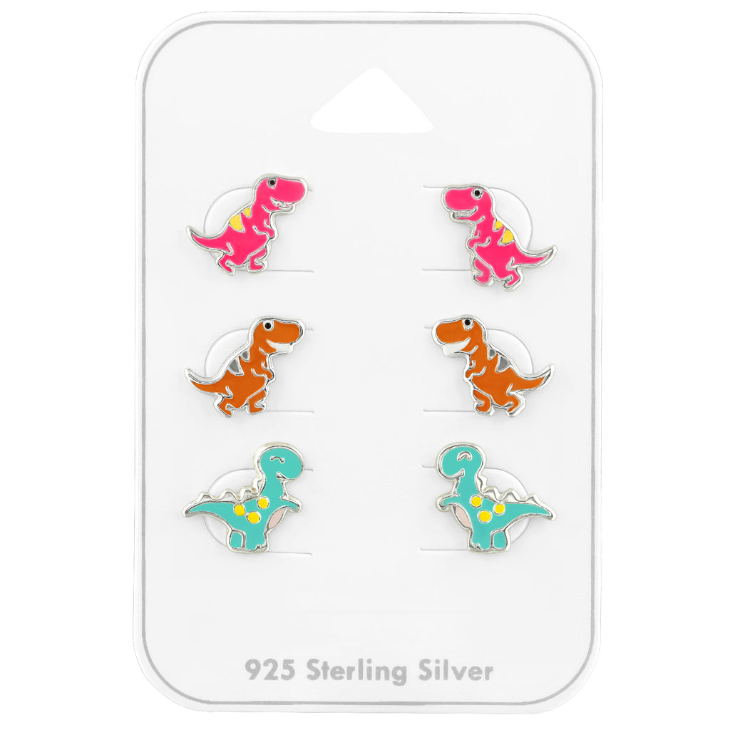 Set of 3 Pairs Pink, Orange, and Blue T-Rex Dinosaur Stud Earrings - 925 Sterling Silver