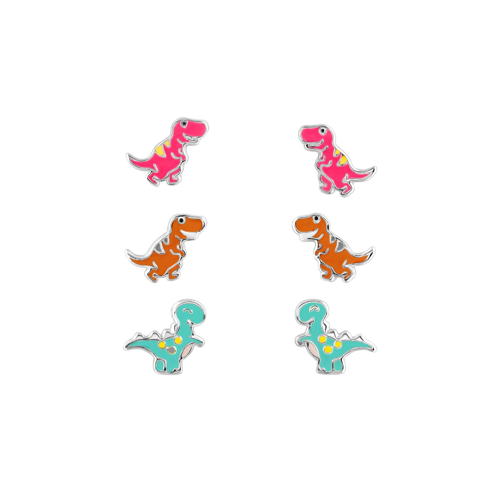 Set of 3 Pairs Pink, Orange, and Blue T-Rex Dinosaur Stud Earrings - 925 Sterling Silver