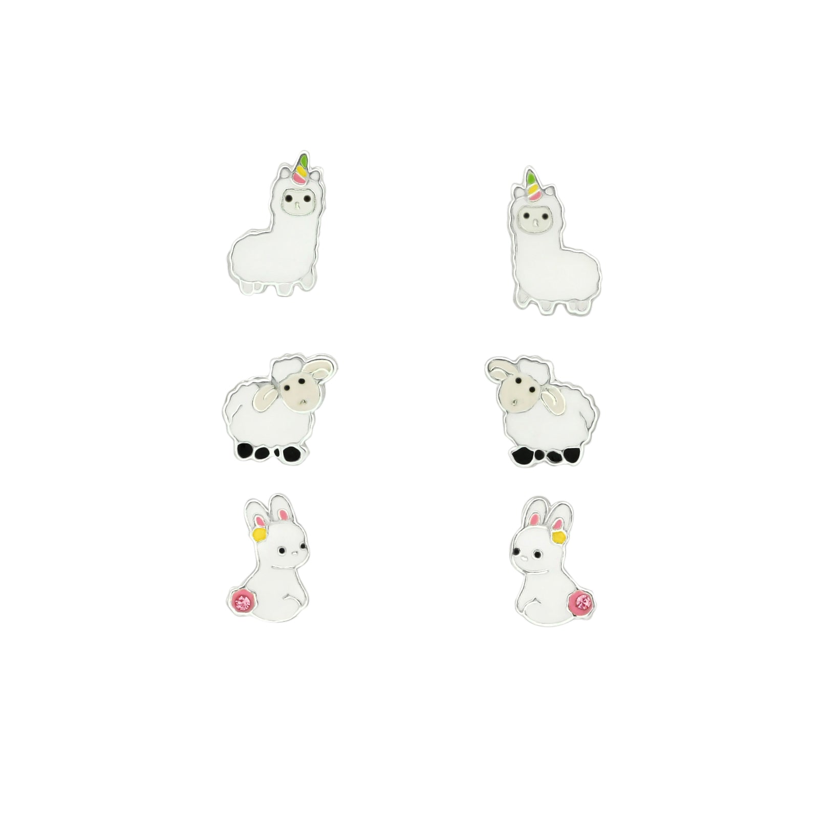 Set of 3 Pairs of Llama, Sheep, and Bunny Stud Earrings - 925 Sterling Silver