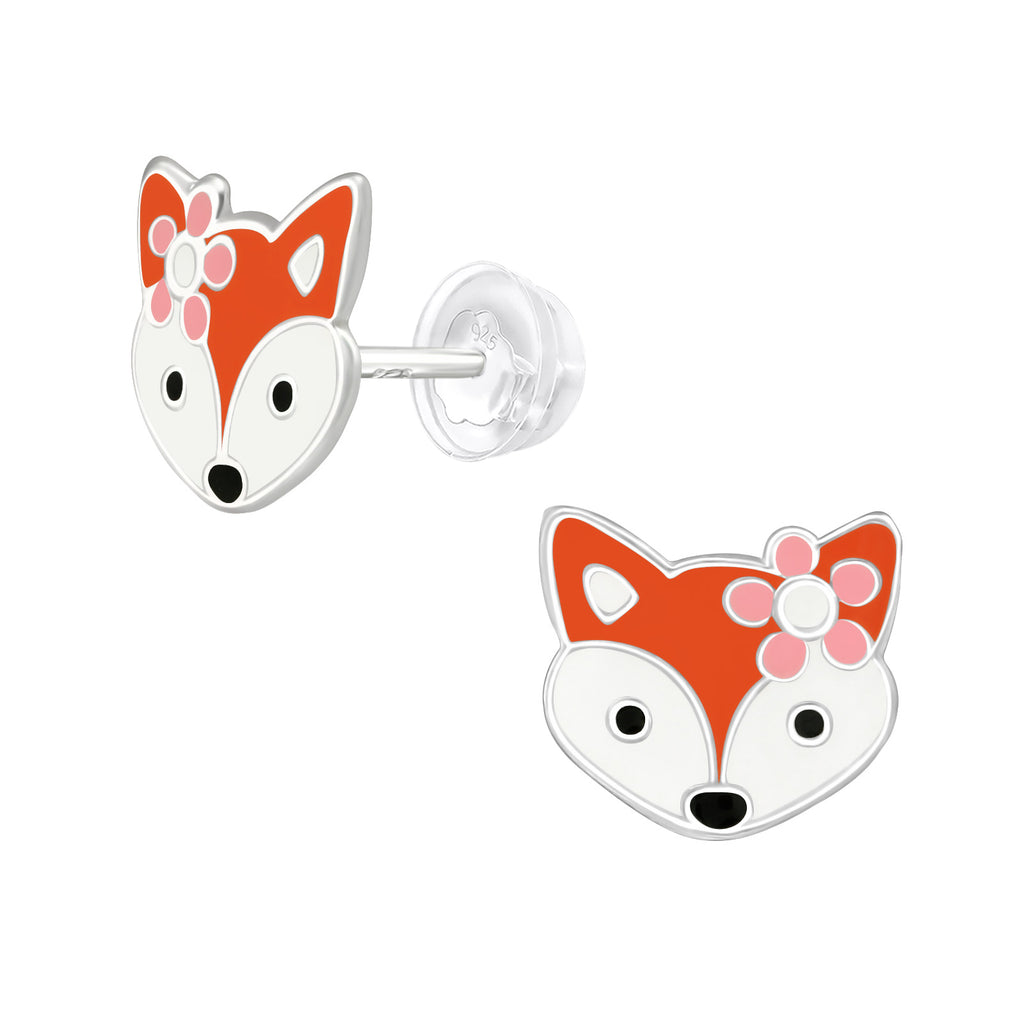 Fox Face with Pink Flower Stud Earrings - 925 Sterling Silver