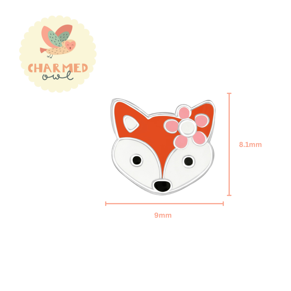 Fox Face with Pink Flower Stud Earrings - 925 Sterling Silver