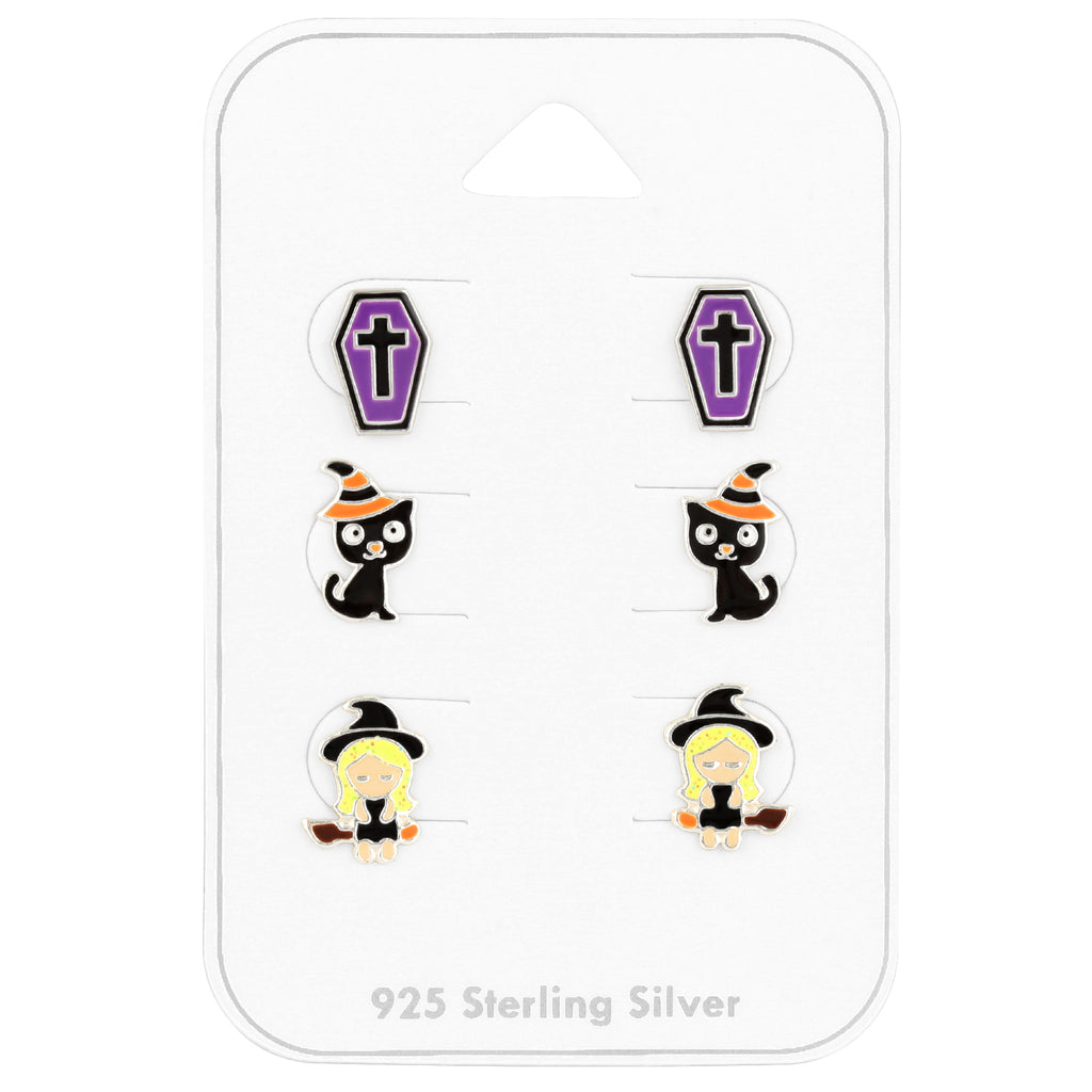 Set of 3 Pairs Coffin, Black Cat, and Witch Halloween Stud Earrings - 925 Sterling Silver