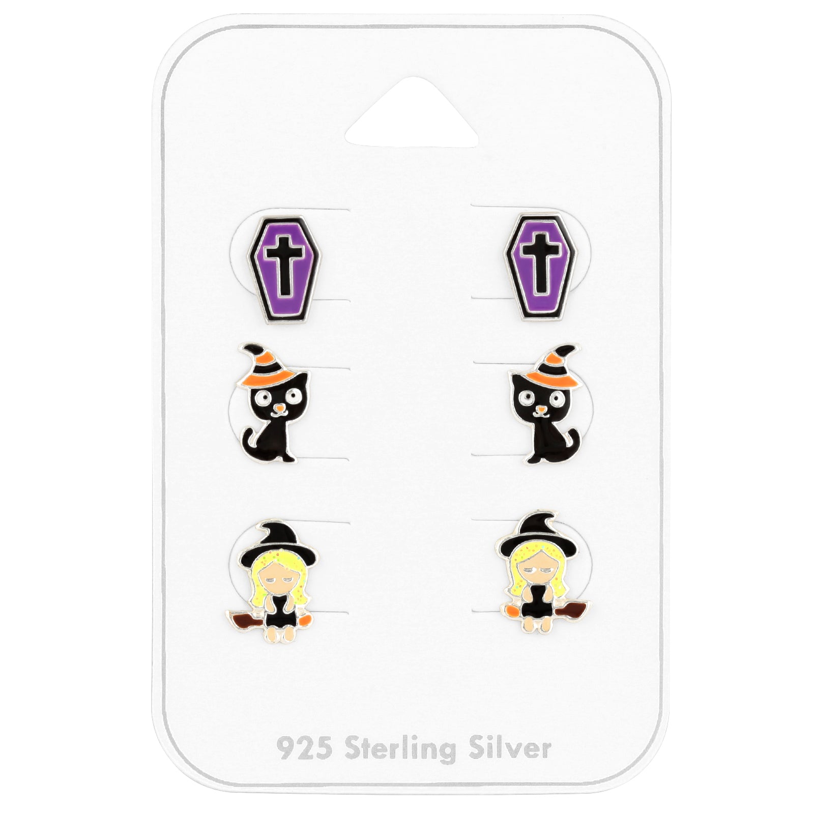Set of 3 Pairs Coffin, Black Cat, and Witch Halloween Stud Earrings - 925 Sterling Silver