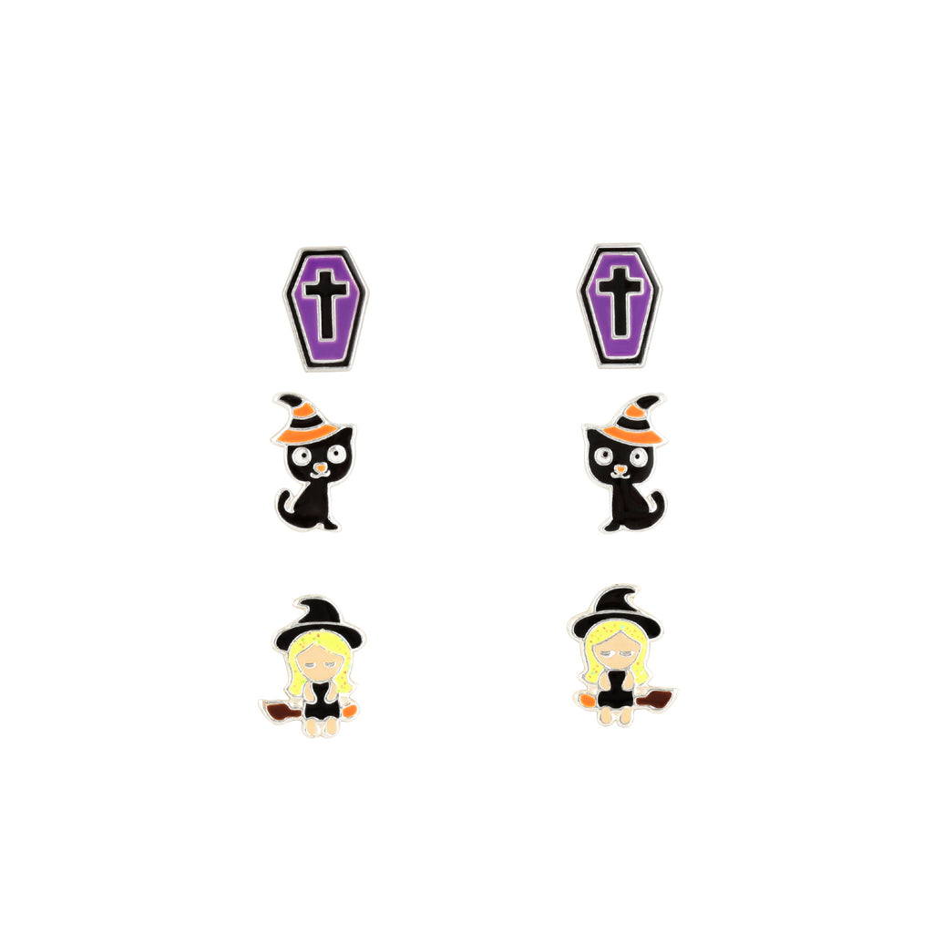 Set of 3 Pairs Coffin, Black Cat, and Witch Halloween Stud Earrings - 925 Sterling Silver