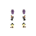 Set of 3 Pairs Coffin, Black Cat, and Witch Halloween Stud Earrings - 925 Sterling Silver