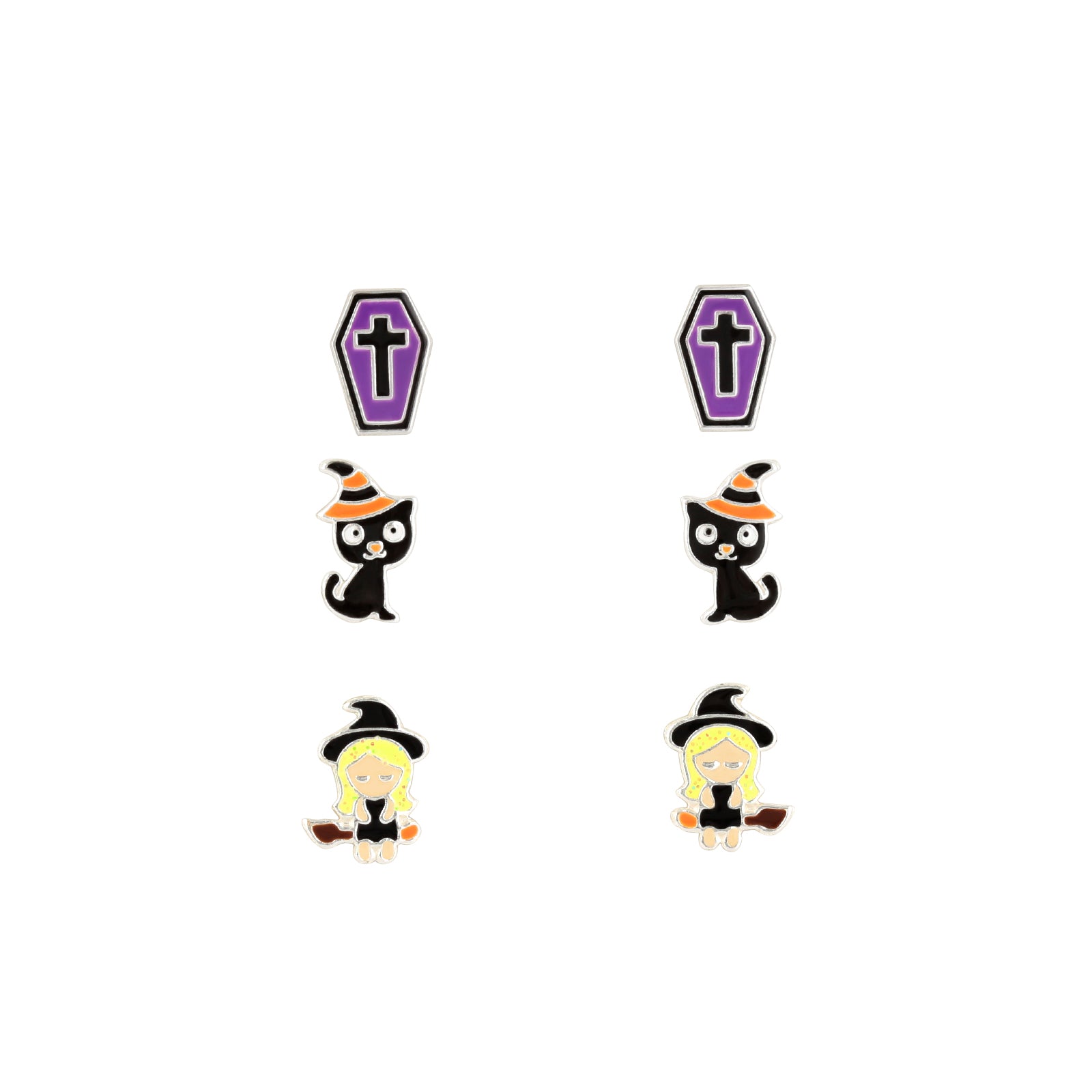 Set of 3 Pairs Coffin, Black Cat, and Witch Halloween Stud Earrings - 925 Sterling Silver
