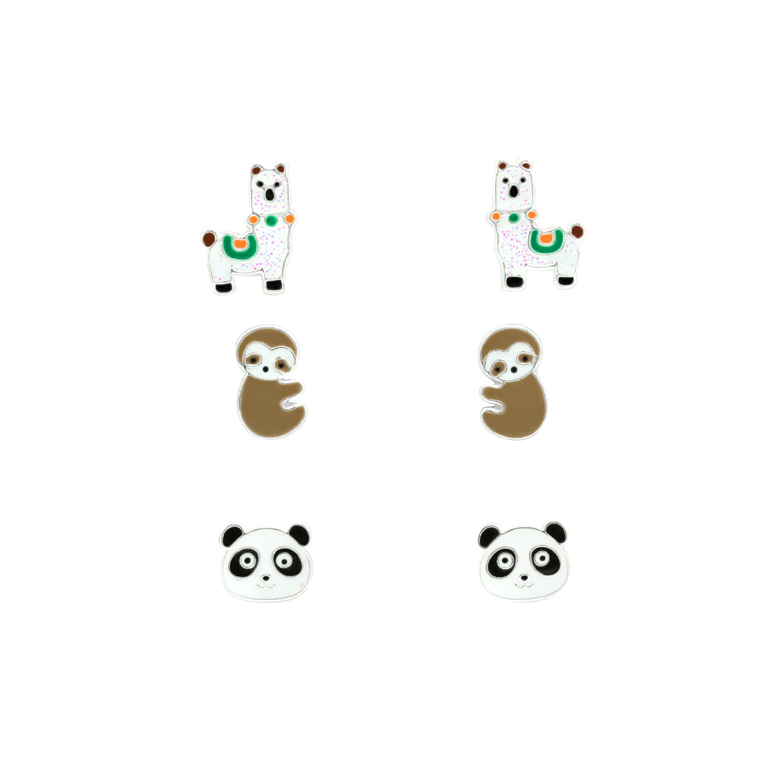 Set of 3 Pairs of Llama, Sloth, and Panda Animal Stud Earrings - 925 Sterling Silver