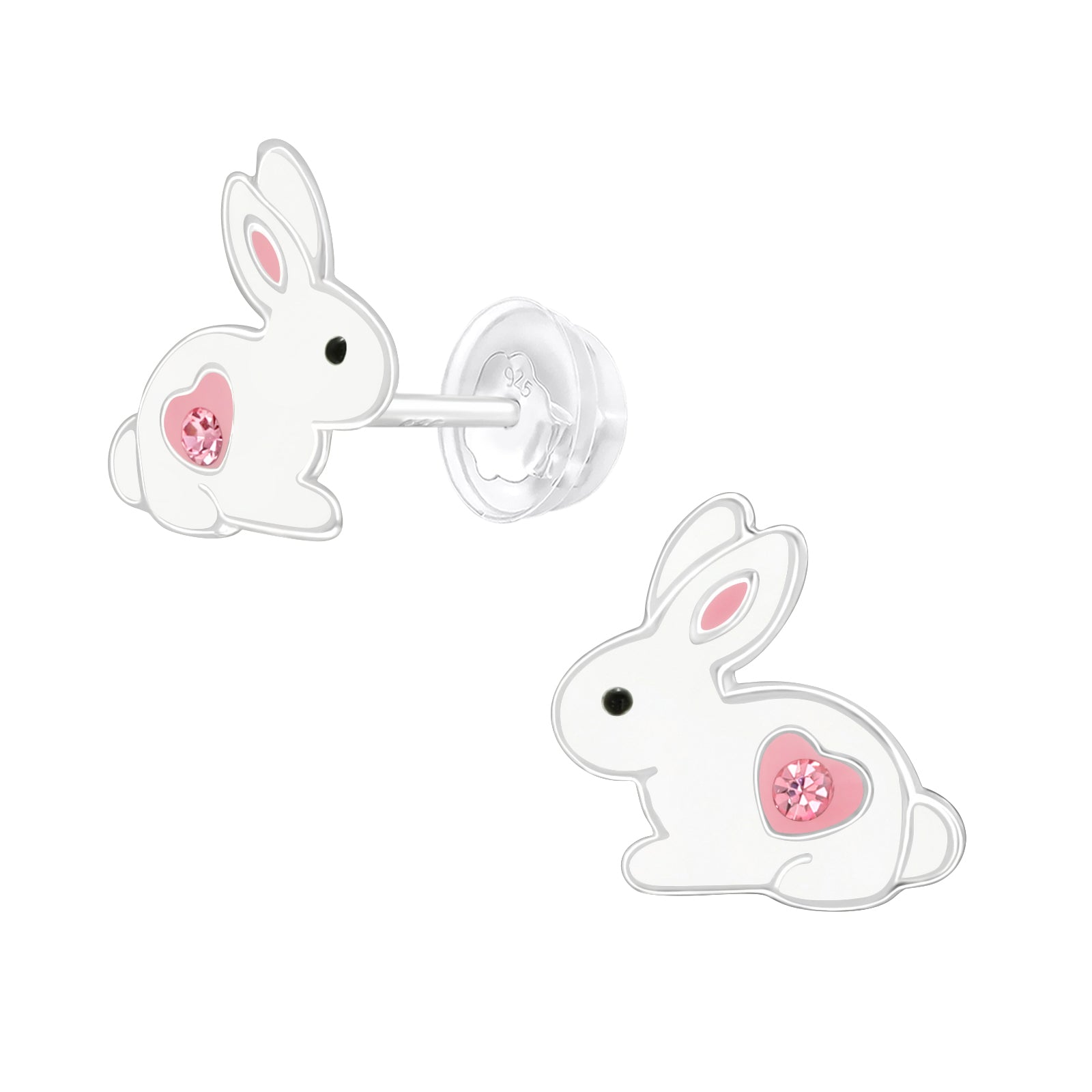 Bunny with a Pink Heart Stud Earrings - 925 Sterling Silver