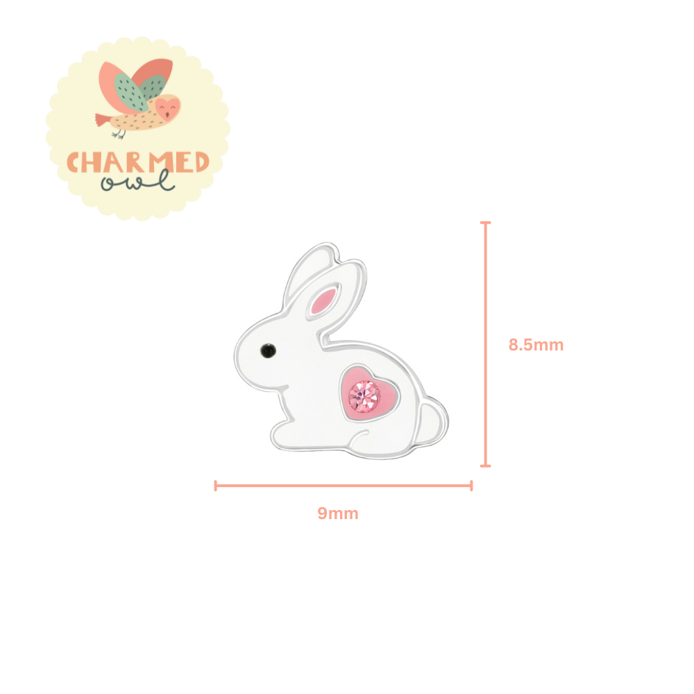Bunny with a Pink Heart Stud Earrings - 925 Sterling Silver