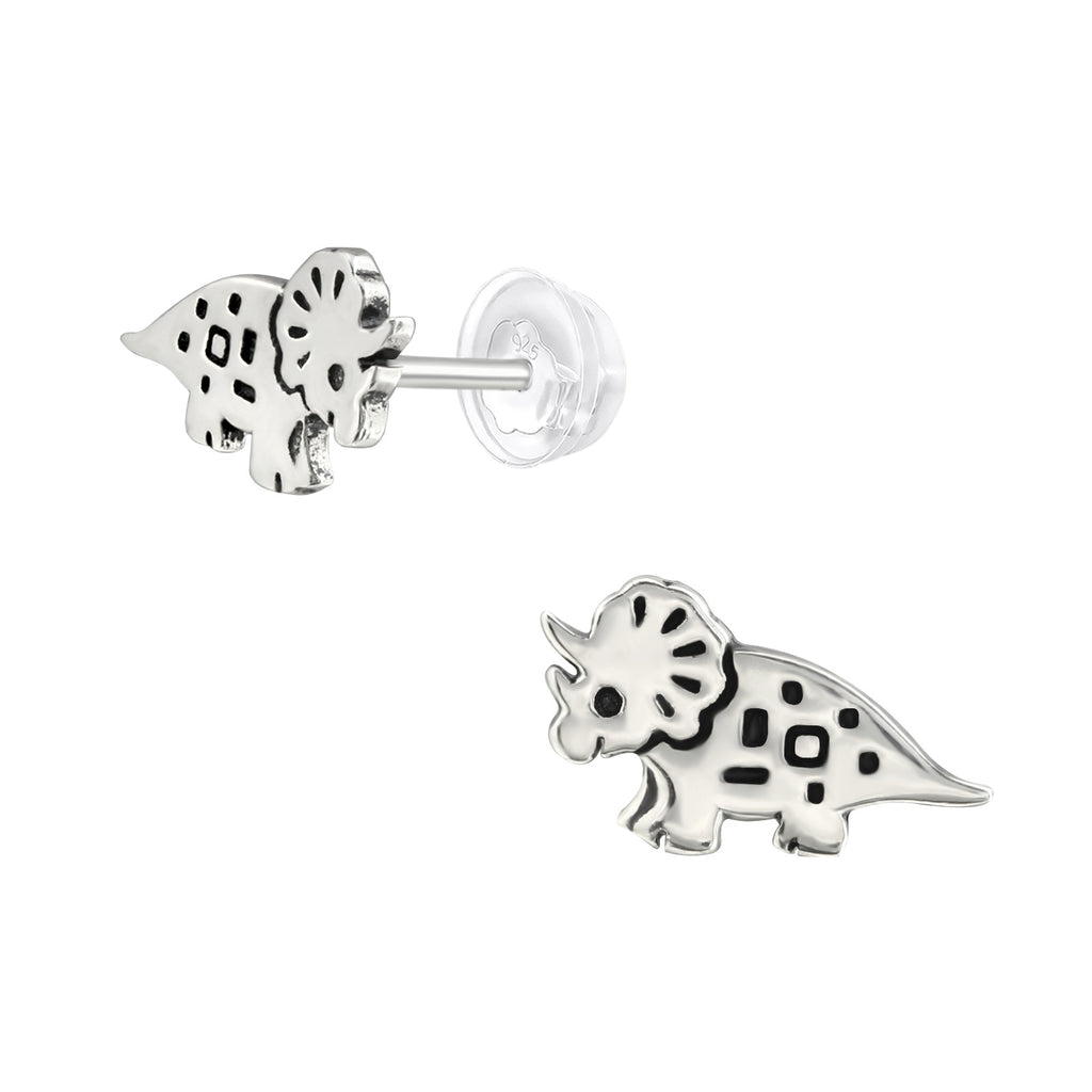 Silver Triceratops Dinosaur Stud Earrings - 925 Sterling Silver