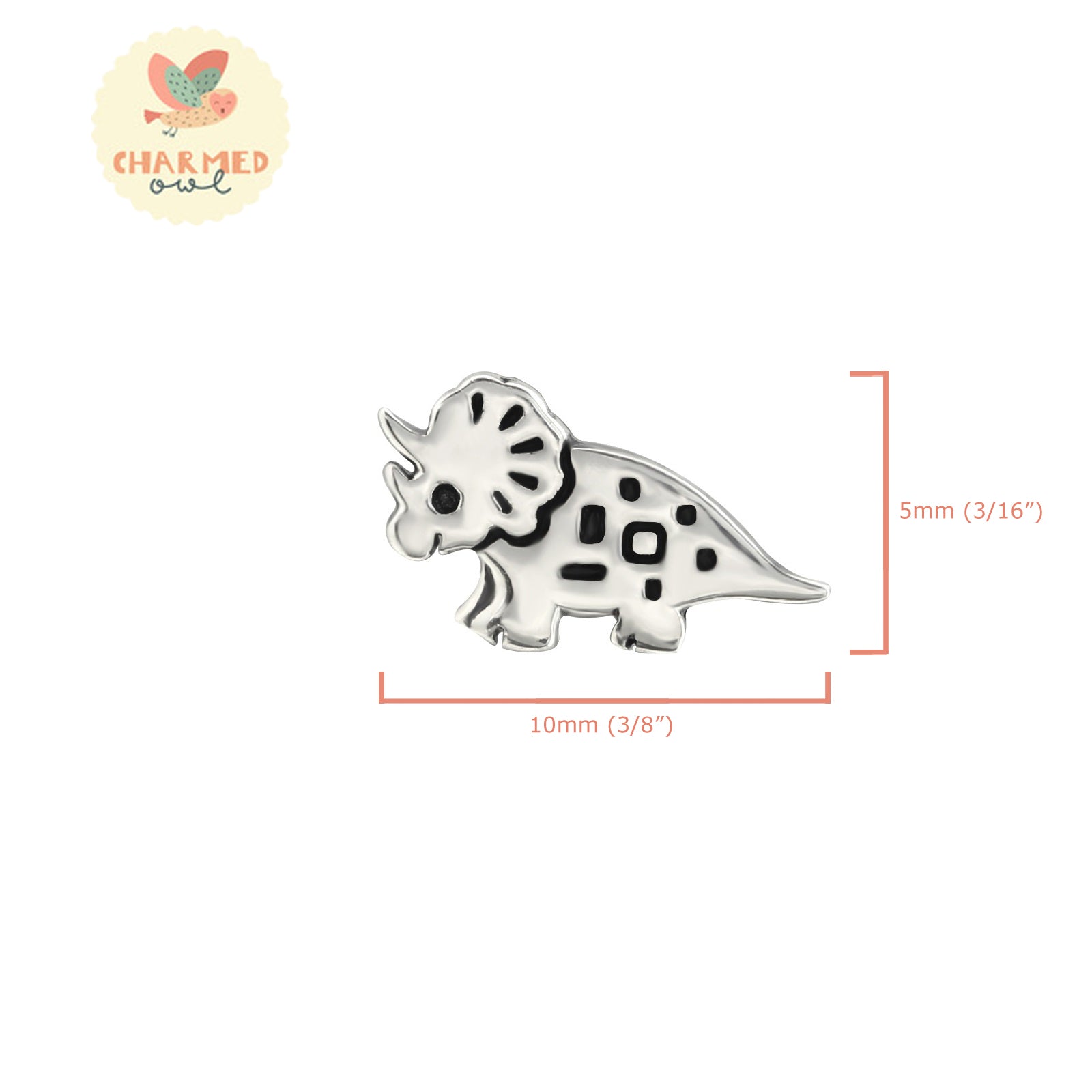 Silver Triceratops Dinosaur Stud Earrings - 925 Sterling Silver