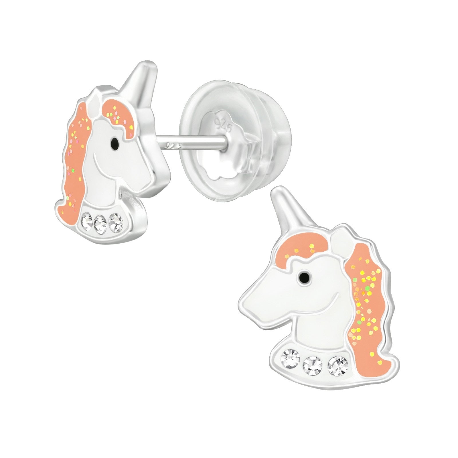 Orange Unicorn Head Stud Earrings - 925 Sterling Silver