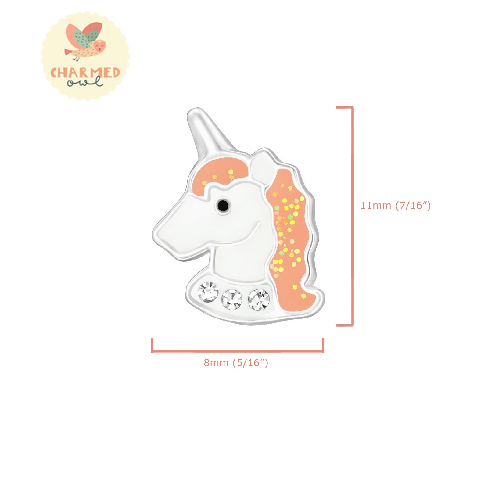 Orange Unicorn Head Stud Earrings - 925 Sterling Silver