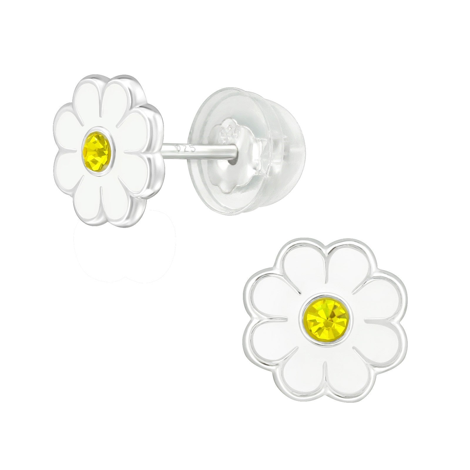 White Daisy Flower Stud Earrings - 925 Sterling Silver