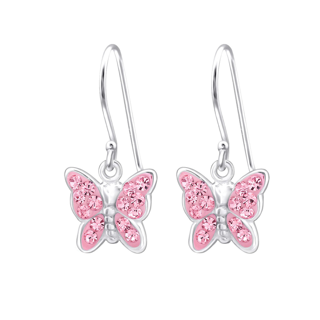 Light Pink Crystal Butterfly Children's Dangling Earrings - 925 Sterling Silver