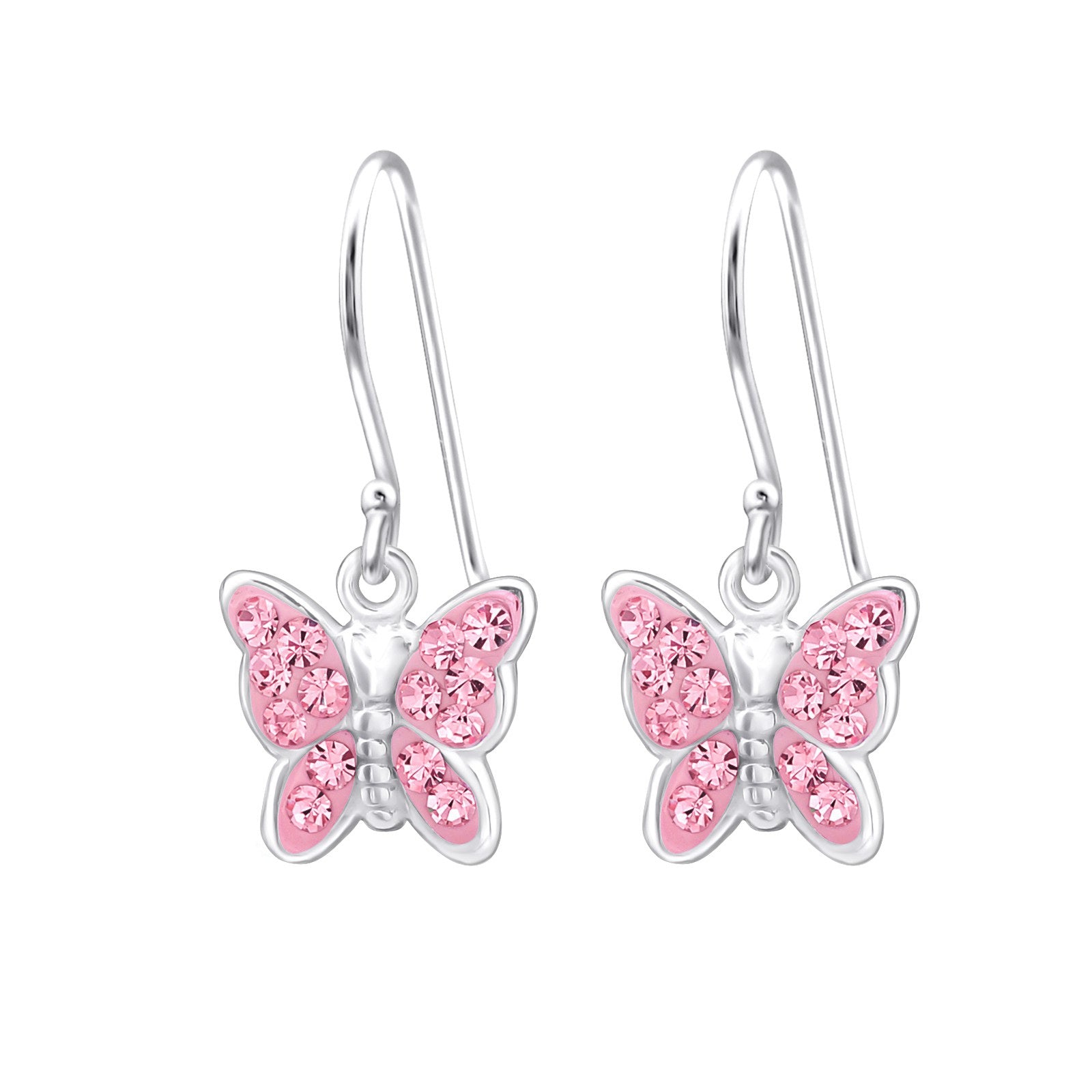 Light Pink Crystal Butterfly Children's Dangling Earrings - 925 Sterling Silver