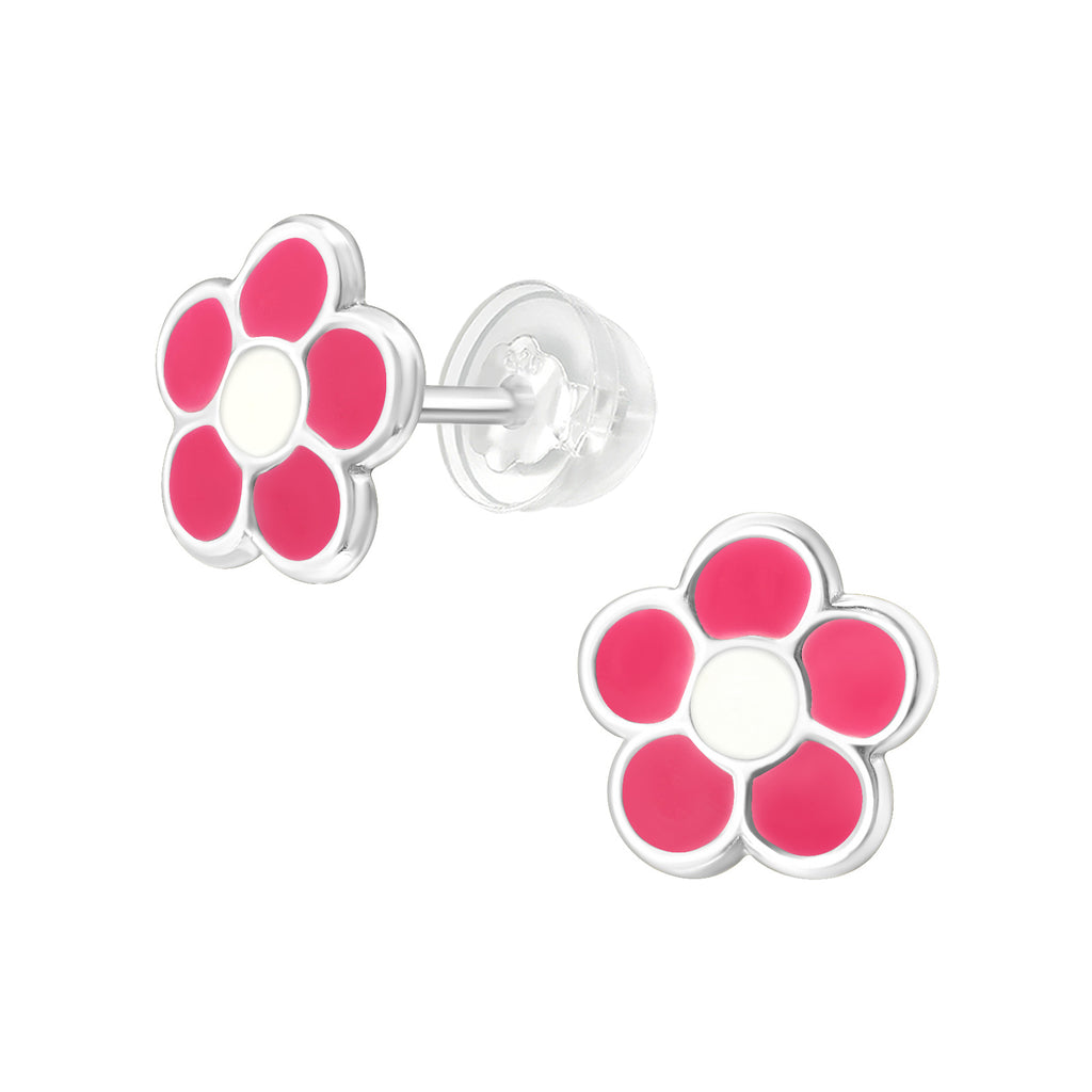 Pink Daisy Flower Stud Earrings - 925 Sterling Silver